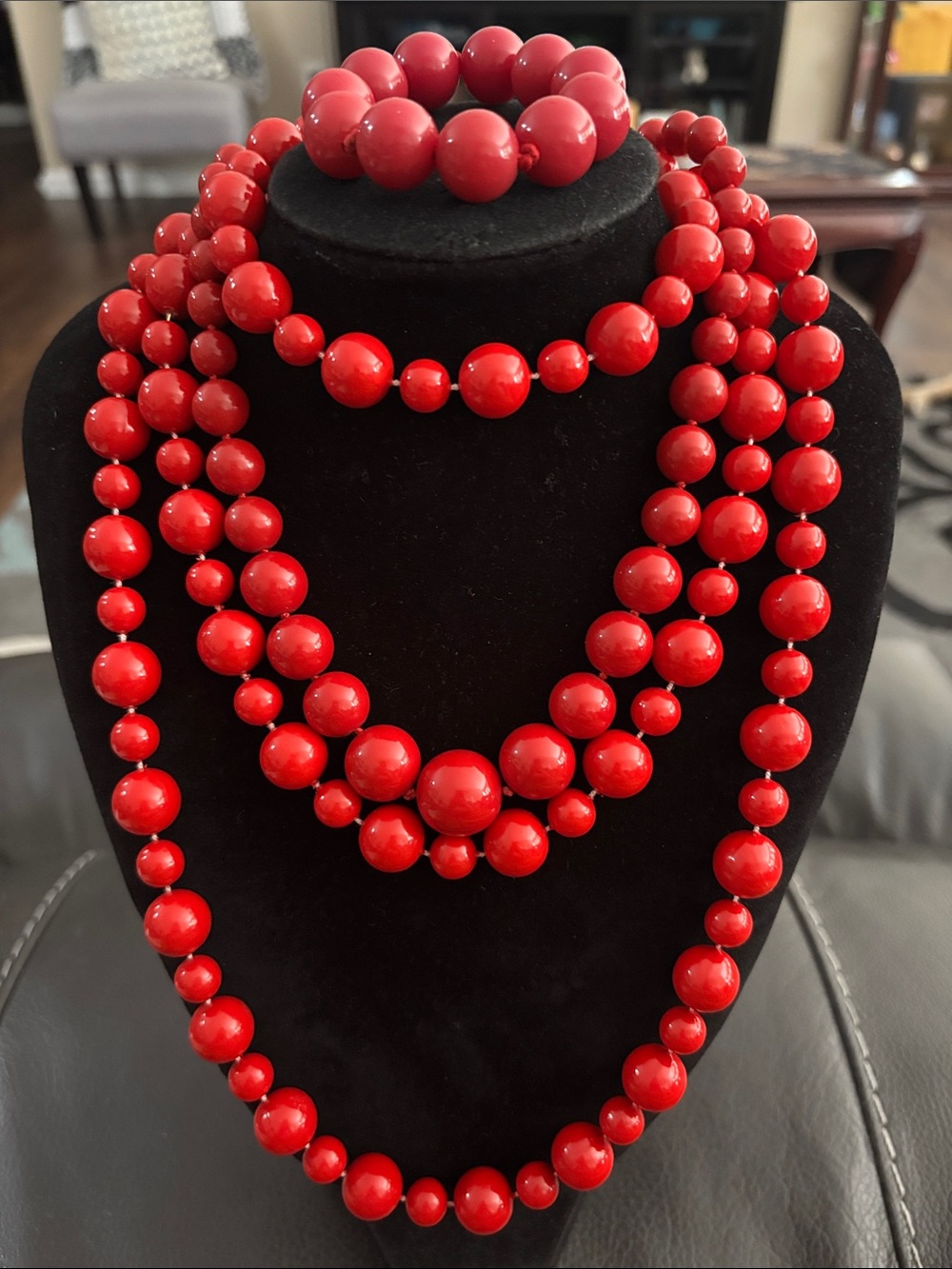 Bundle of Red Beaded Strand Necklaces and Bracelet Set
